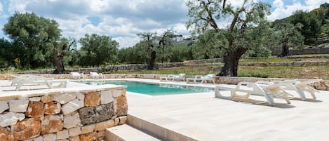 Seasonal outdoor pool, pool loungers