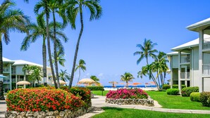 Ein Resort mit Palmen, einem Weg und Blick auf den Strand.