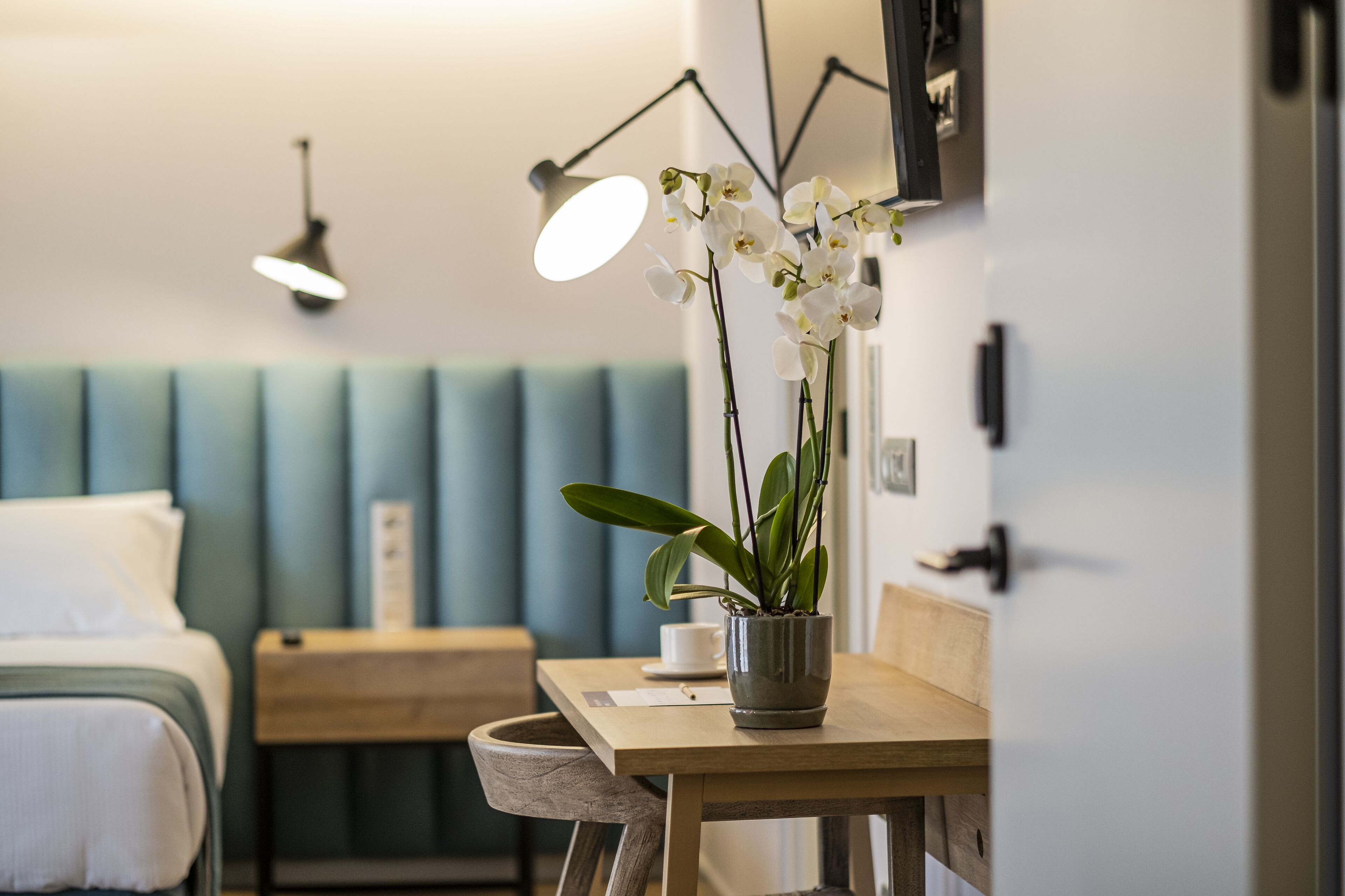 A bedroom with a bed, a bedside table with a lamp, a potted orchid, and a blue upholstered headboard.