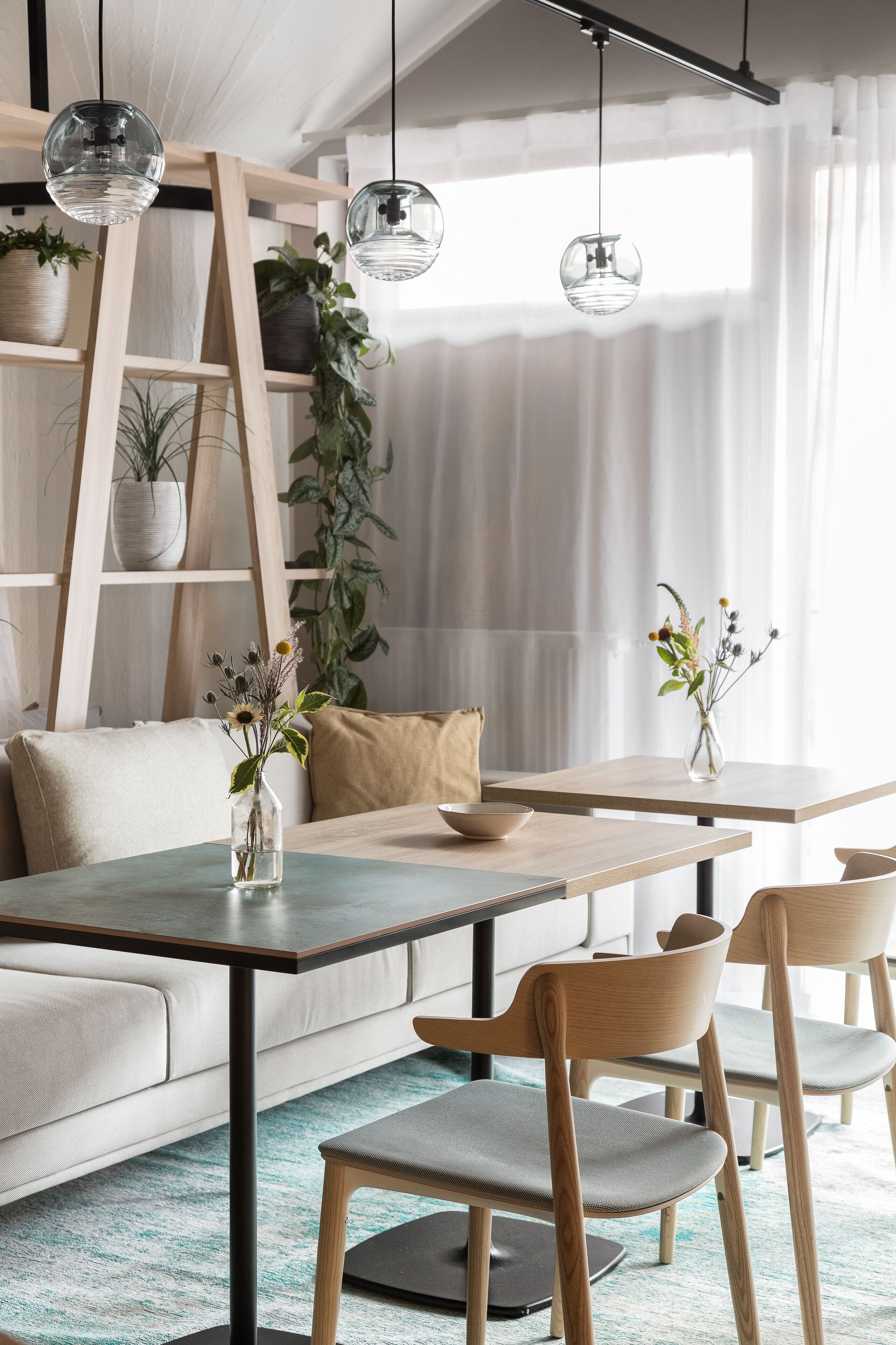 A modern living room with a wooden ladder, a sofa, a dining table, and chairs. There are potted plants on shelves and a vase with flowers on the table.