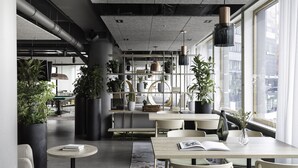 A modern office space with a long table, chairs, and potted plants. - Noli Sörnäinen (Helsinki)