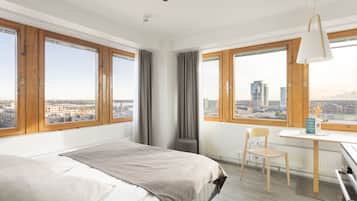 Desk, blackout curtains, soundproofing, iron/ironing board