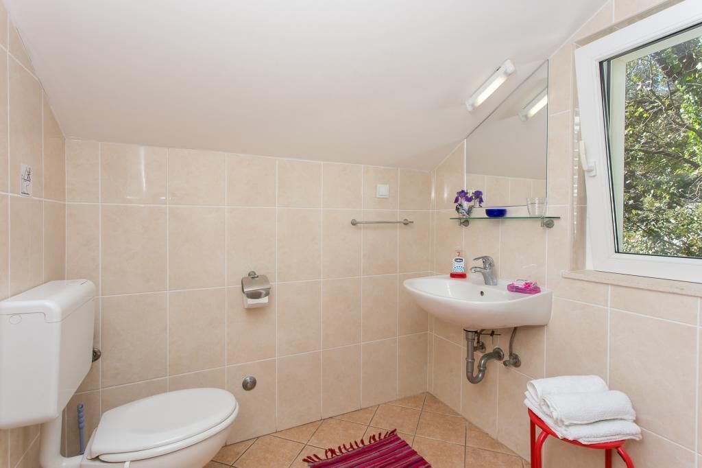 A bathroom with a toilet, sink, and mirror. There is a window with a view of trees.
