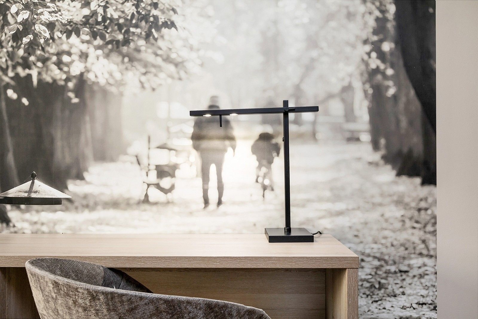 A wooden desk with a stone bowl, a black stand, and a blurred background of a tree-lined path.