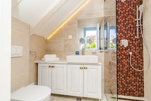 A modern bathroom with a glass-enclosed shower, a white sink, and a toilet.