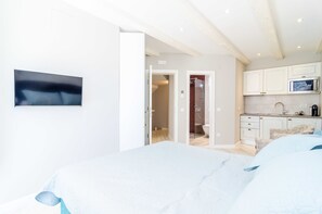 A modern bedroom with a large bed, a bathroom with a shower, and a kitchenette with white cabinets.
