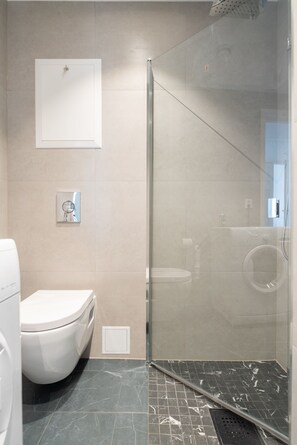 Departamento, 3 habitaciones | Baño | Regadera, amenidades de baño gratuitas, secadora de cabello, toallas 