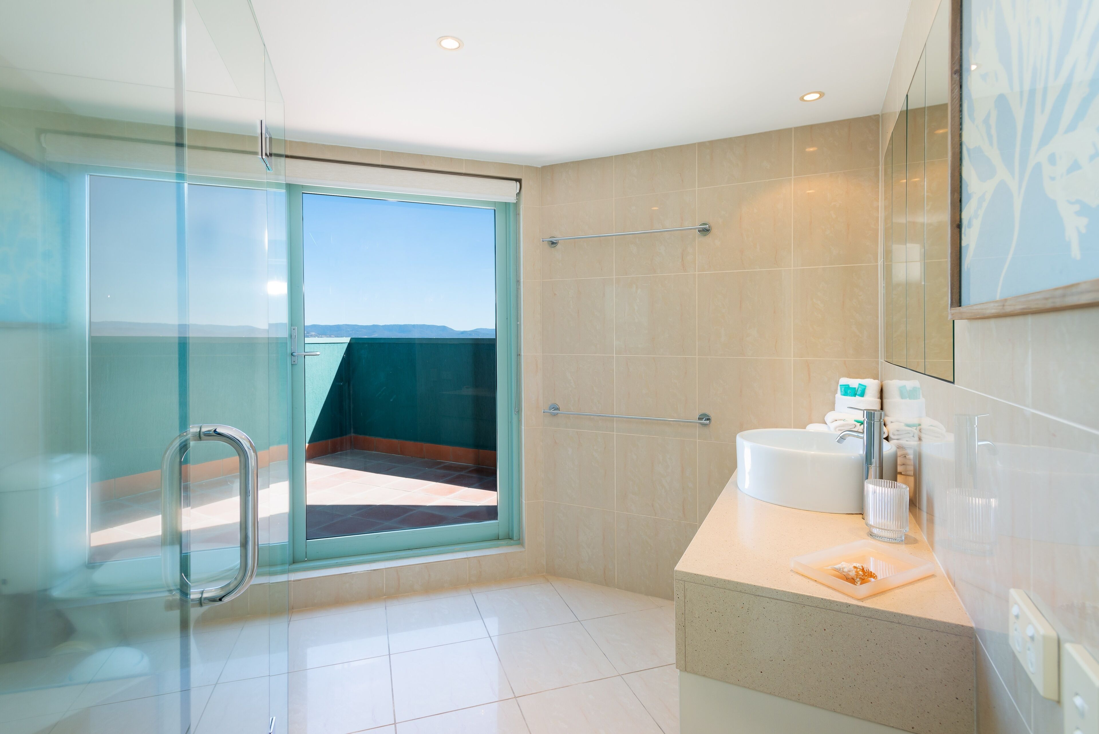 Shower, hair dryer, towels