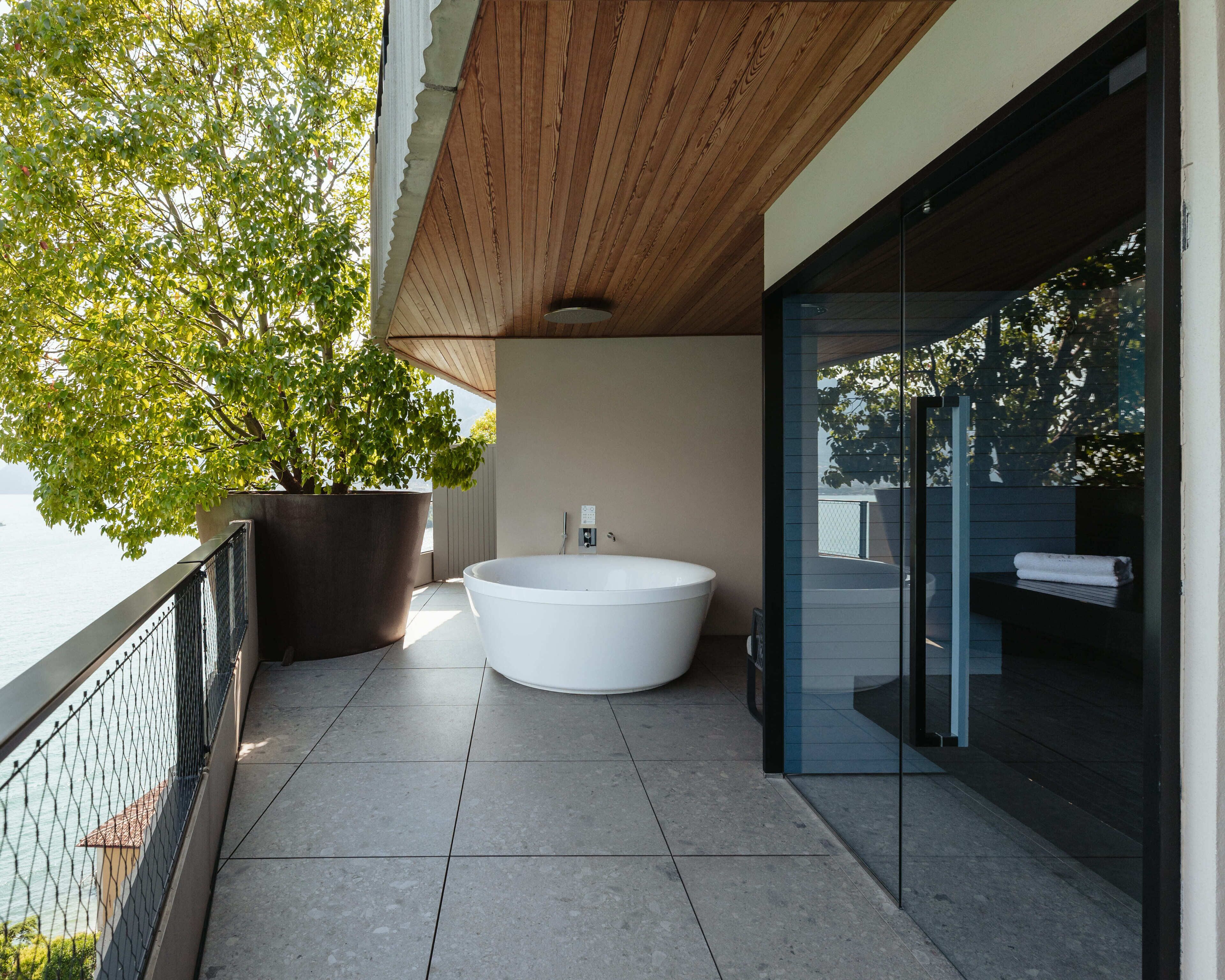 A modern bathroom with a freestanding bathtub, a potted plant, and a glass shower enclosure.