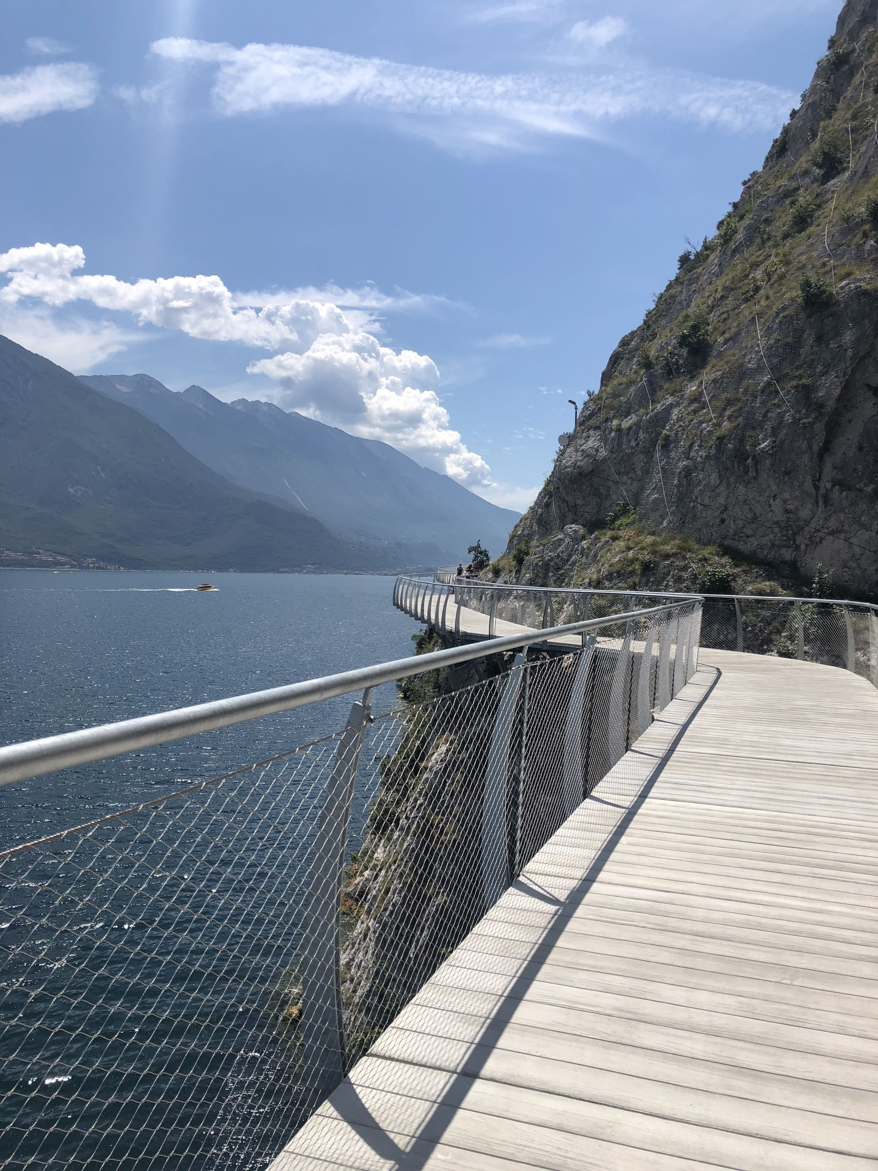 Una pasarela de madera con barandilla metálica que da a un lago, con montañas al fondo.