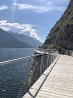 Una pasarela de madera con barandilla metálica que da a un lago, con montañas al fondo.