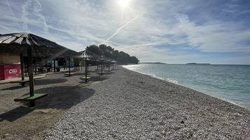 A pebbled beach with umbrellas and a thatched-roof structure.