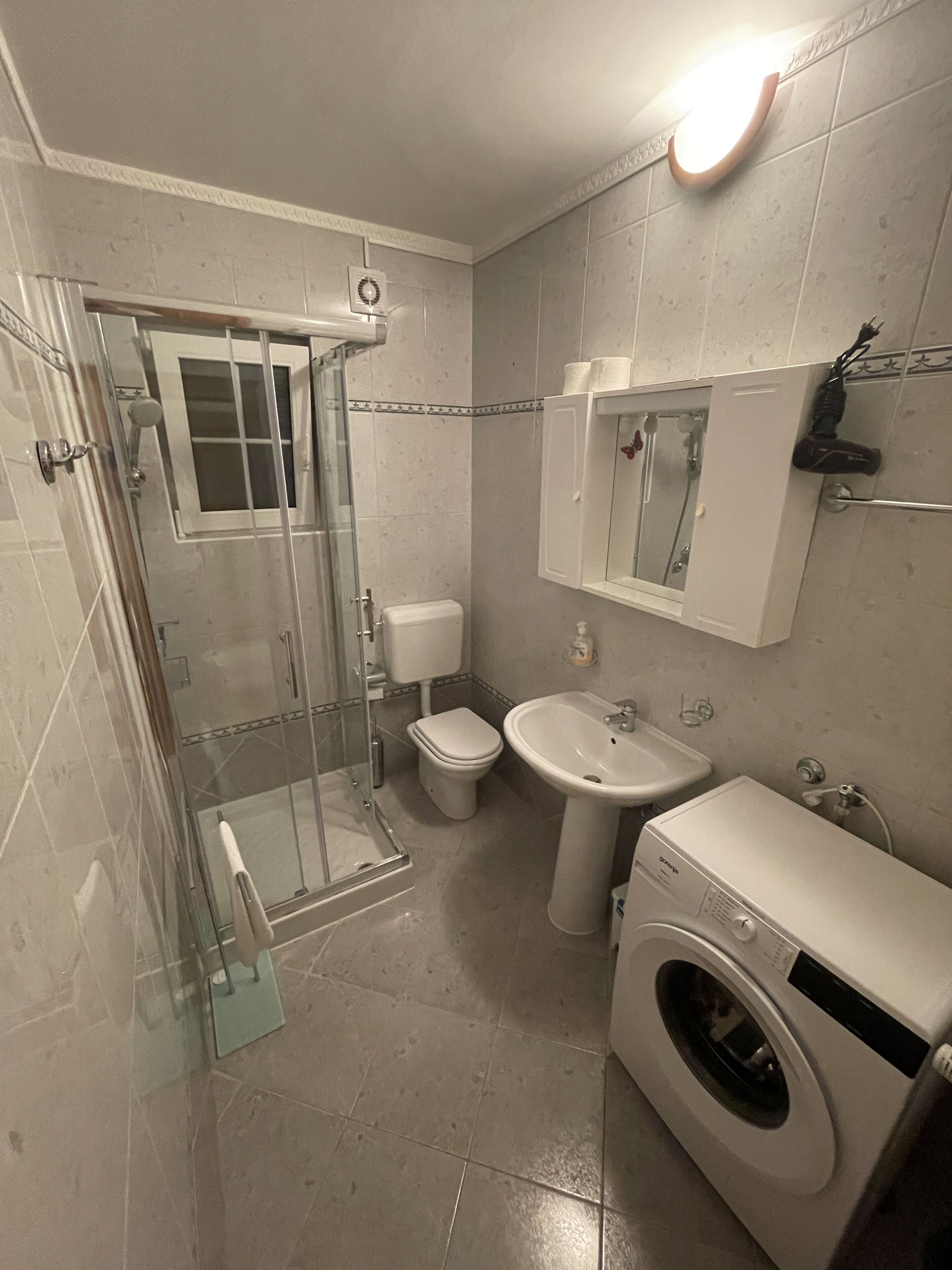 A bathroom with a glass-enclosed shower, a toilet, a sink, and a washing machine.