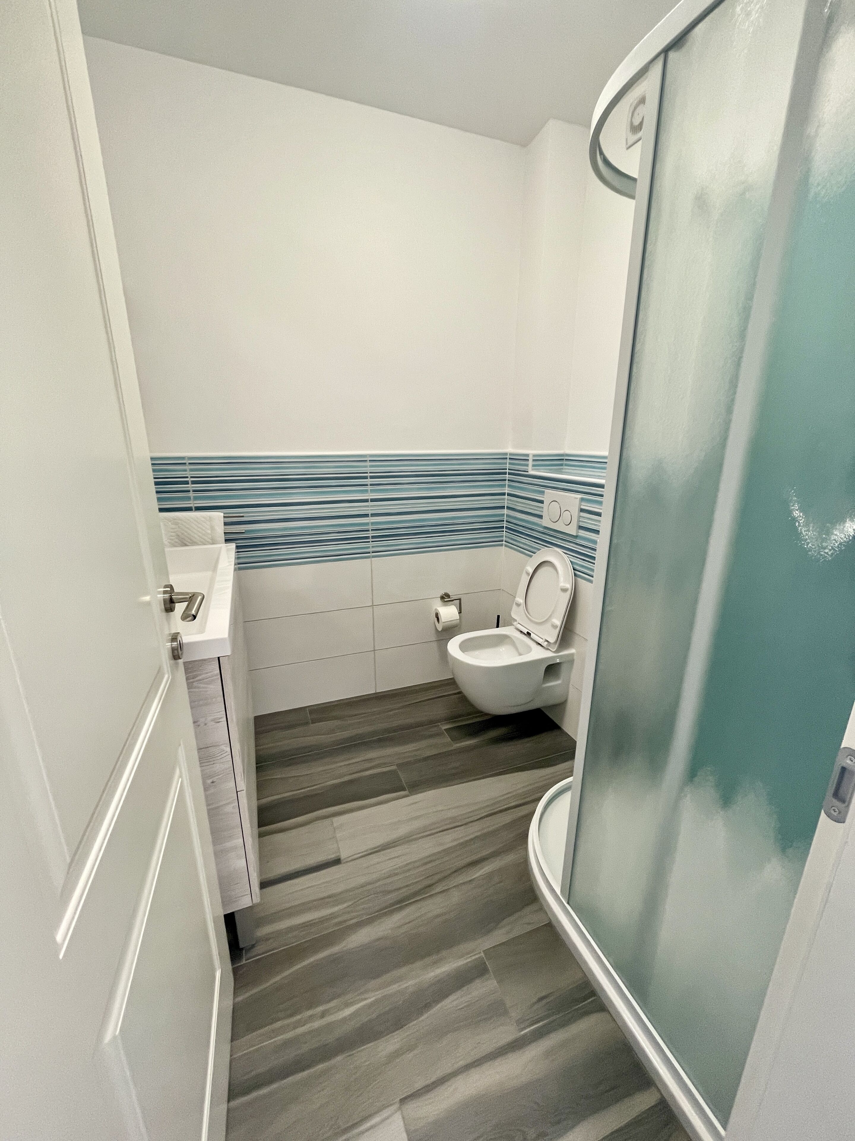 A modern bathroom with a toilet, a sink, and a shower.
