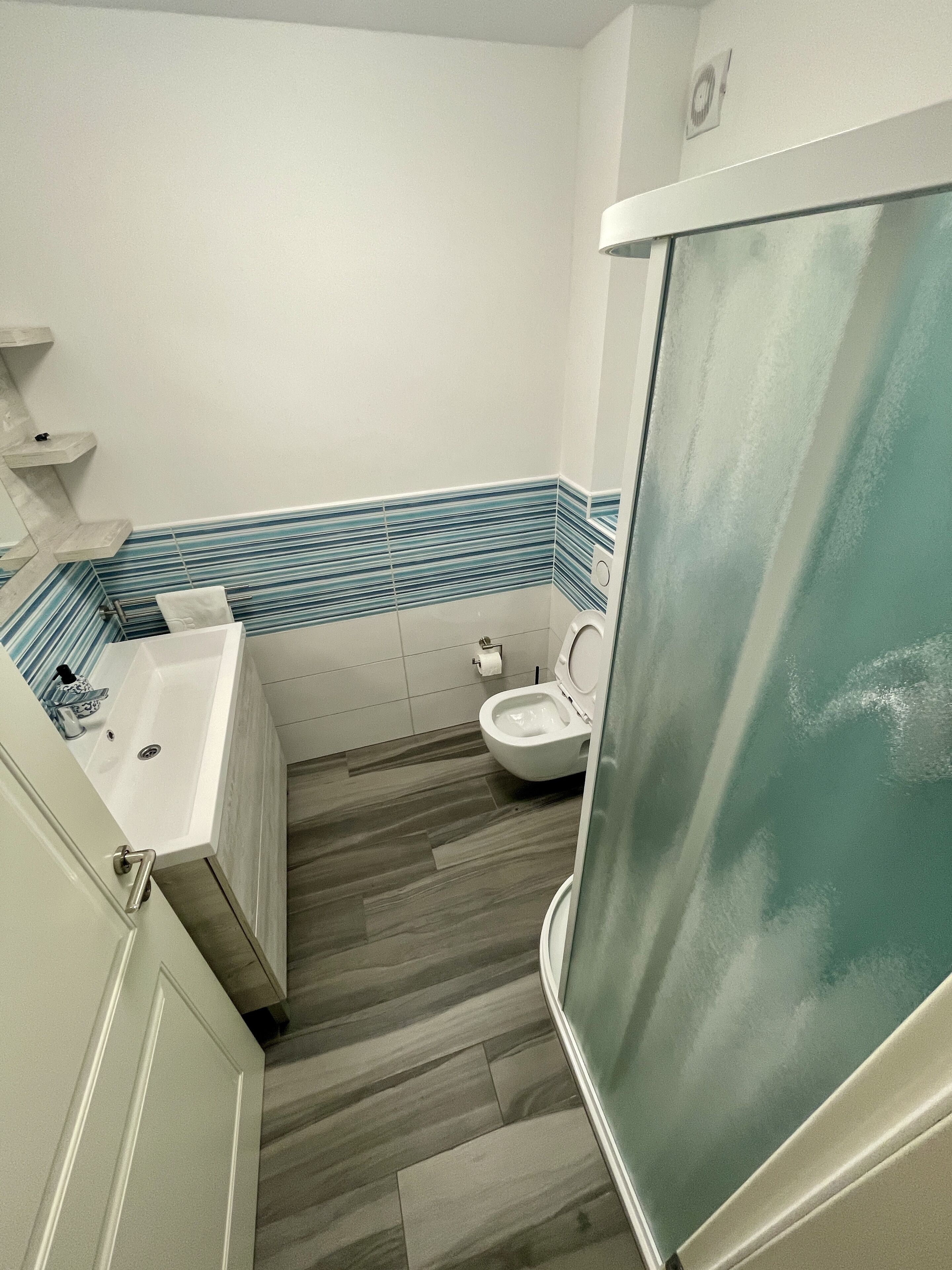 A bathroom with a white sink, a toilet, and a shower area.