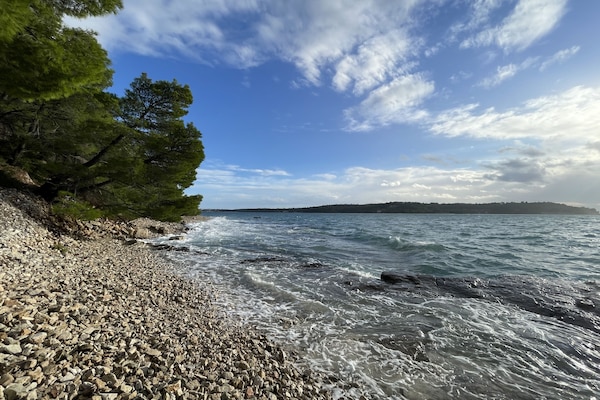 Nær stranden, hvit sand, solsenger og parasoller