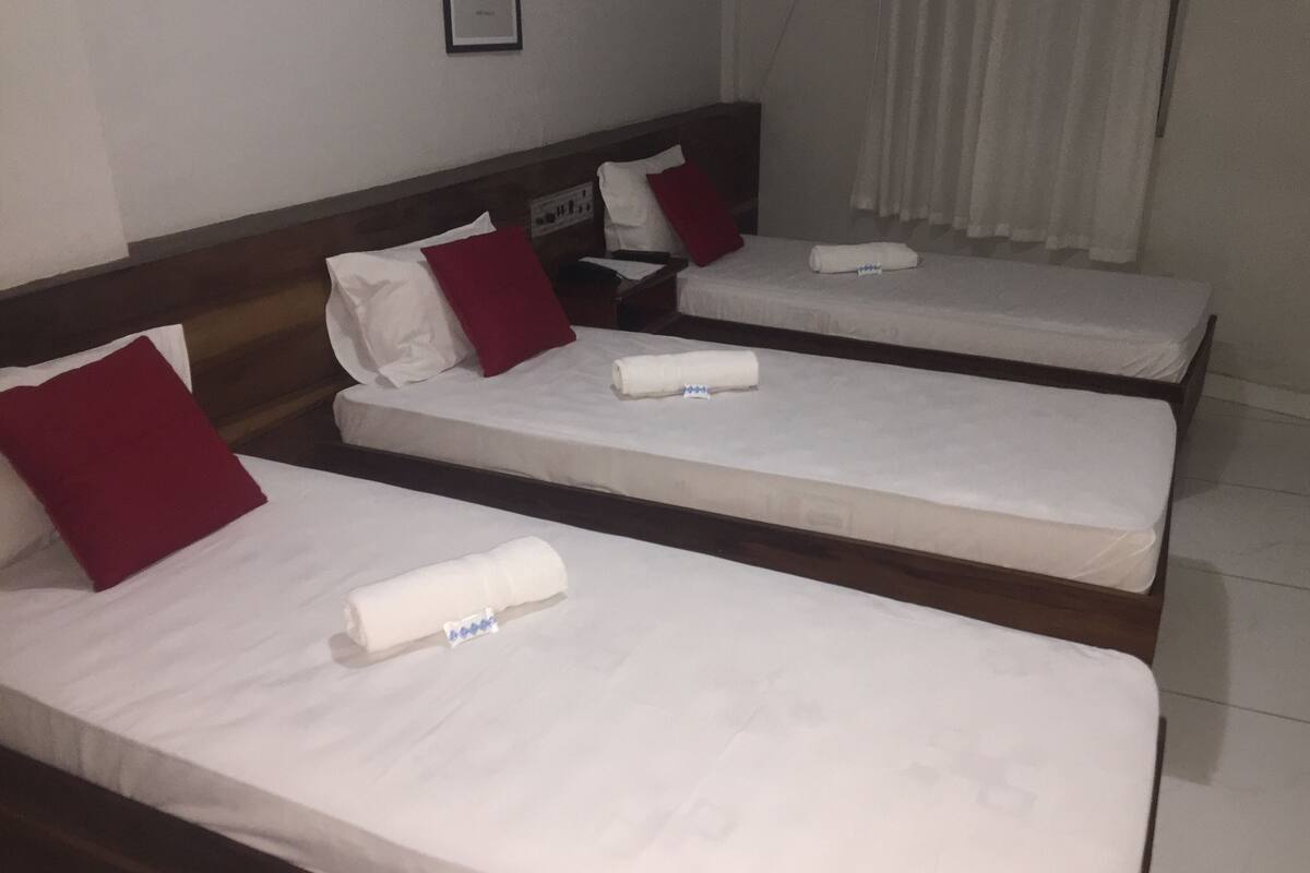 A hotel room with two single beds, each with white linens and red pillows.