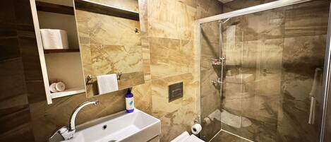 Un baño con lavabo, inodoro y ducha de vidrio.
