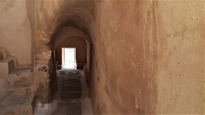 A narrow, arched passageway with a metal handrail and steps leading to a door at the end. - Loukas Kontos Traditional House (Santorini)