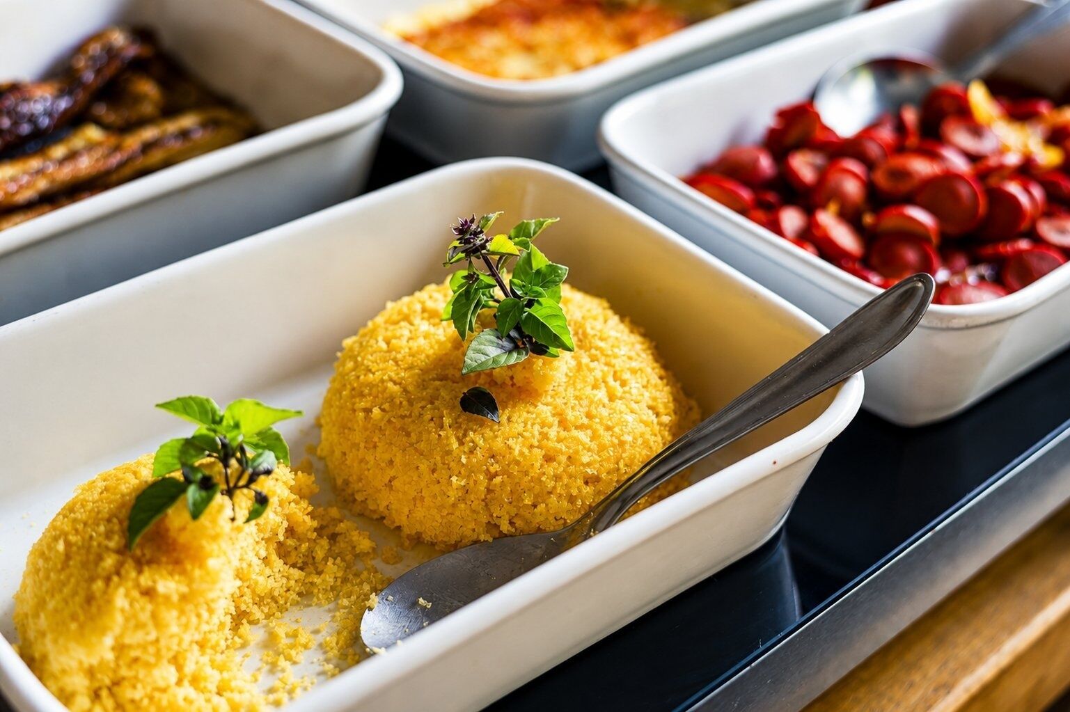 A tray with two yellow dishes, a spoon, and a small plant garnish.