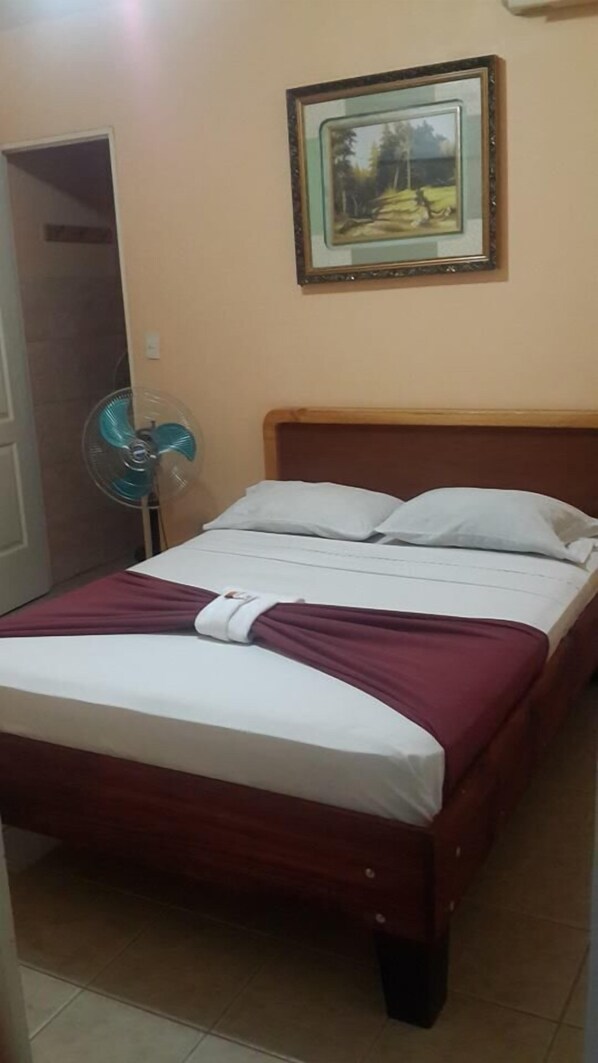 A bedroom with a bed, a fan, and a framed picture on the wall. - Hotel Arrecifes (San José)