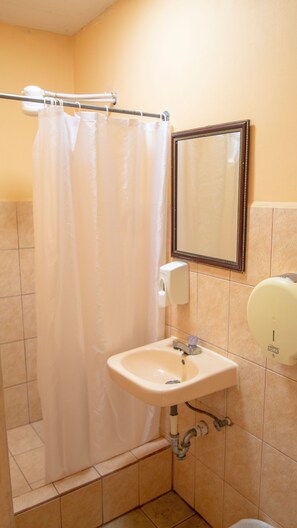 A bathroom with a shower curtain, a sink, a mirror, and a hand dryer. - Hotel Arrecifes (San José)