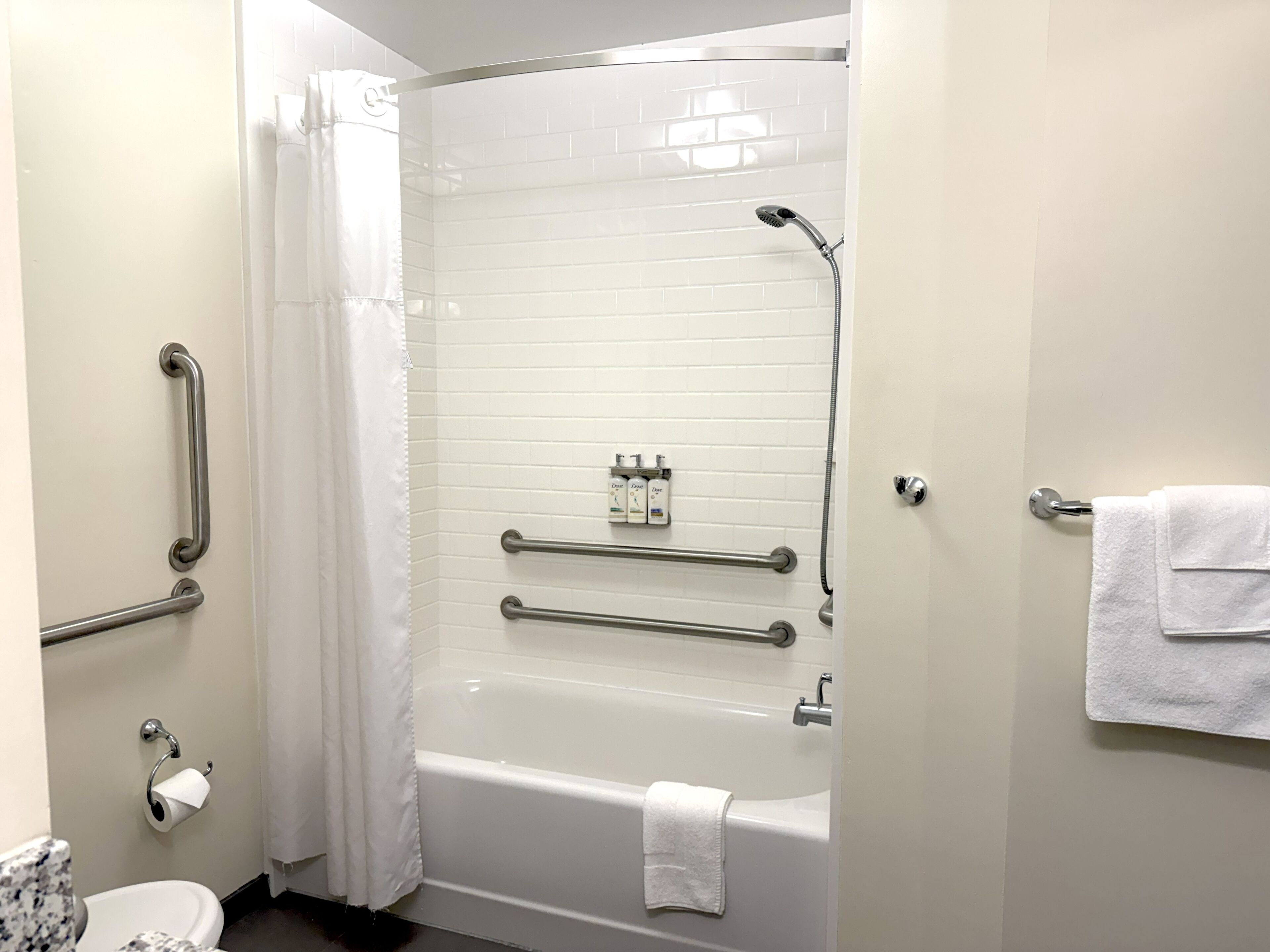 Une salle de bain équipée d’une baignoire, de toilettes, d’une douche, de barres d’appui et d’un porte-serviettes.