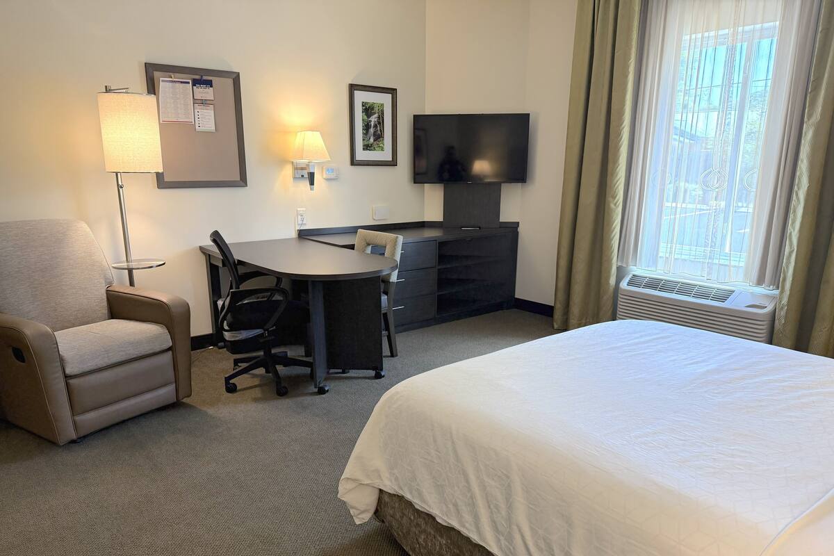 Une chambre d’hôtel avec un lit, un bureau, une chaise, une télévision et une fenêtre avec des rideaux.