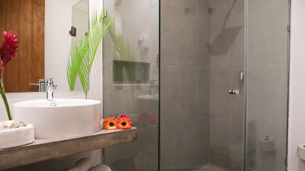 A modern bathroom with a glass-enclosed shower, a white sink, and a wooden vanity. - Hotel Blanco Tulum - Adults Only (Tulum)