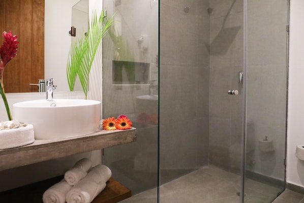 A modern bathroom with a glass-enclosed shower, a white sink, and a wooden vanity. - Hotel Blanco Tulum - Adults Only (Tulum)