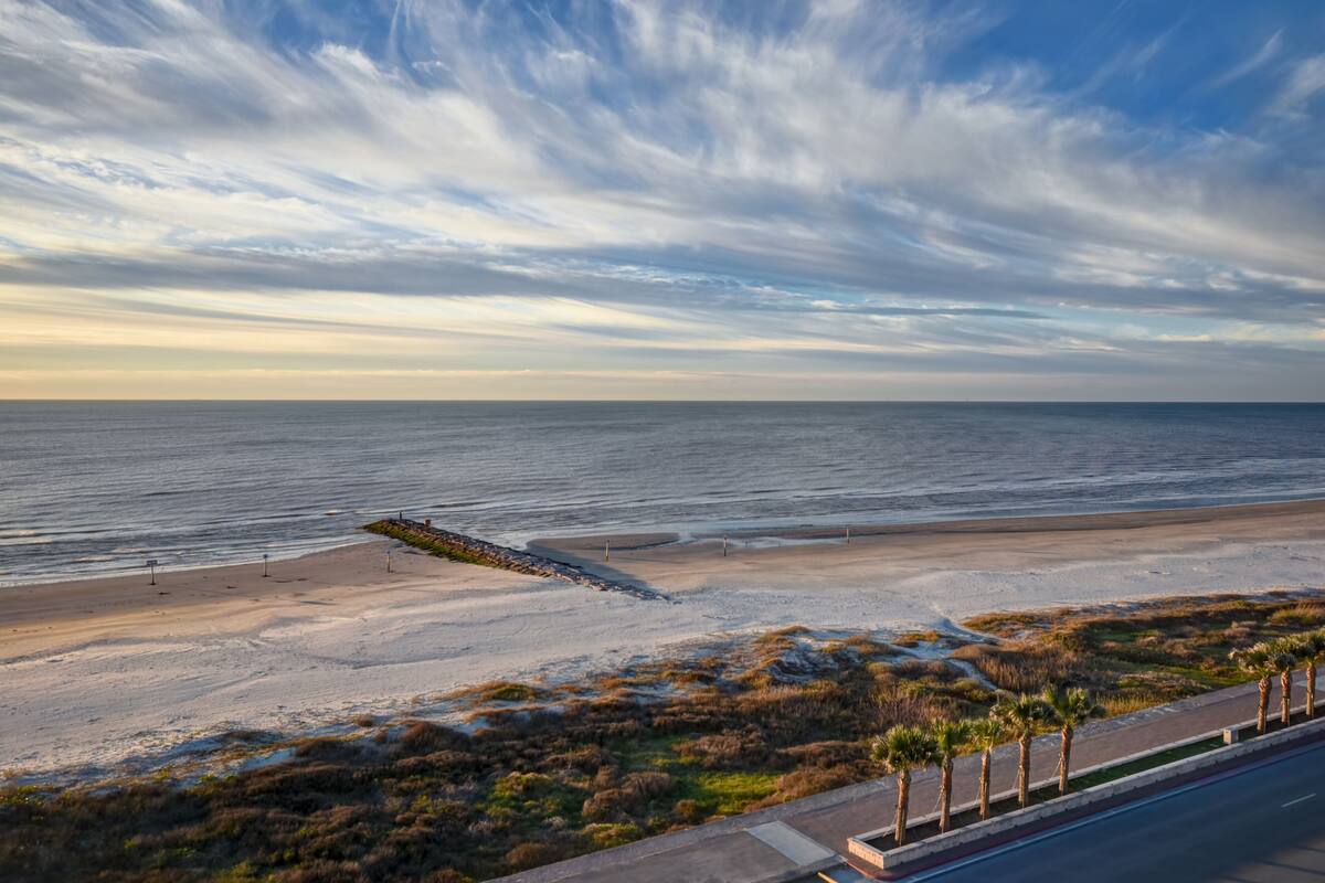 A coastal road with a beach and palm trees.