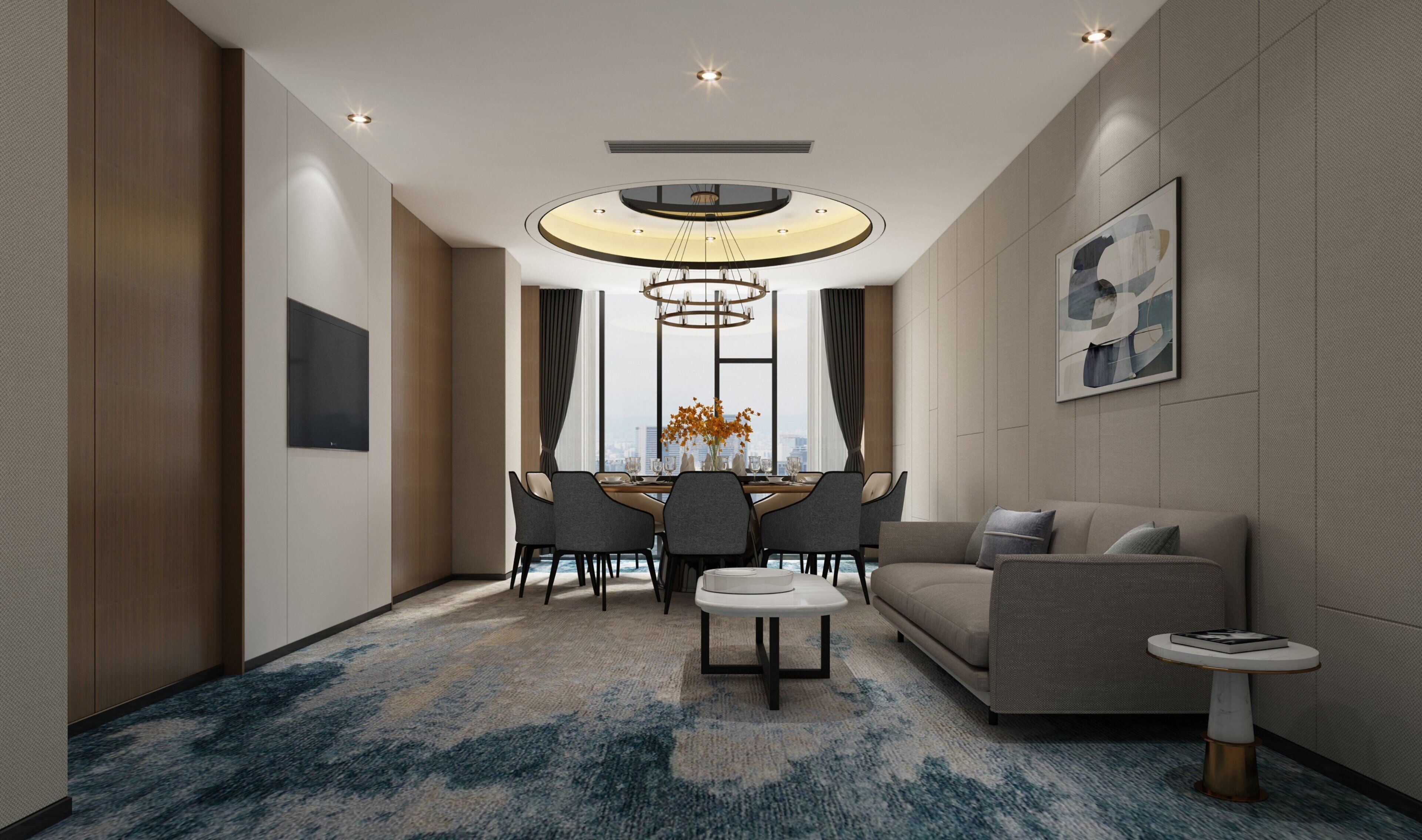 A modern hotel room with a dining area, a sofa, a small table, and a large window offering a city view.