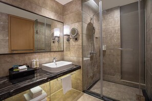 Shower, rainfall showerhead, hair dryer, slippers