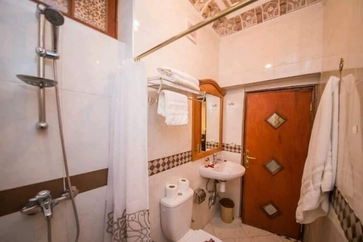 A bathroom with a shower, sink, toilet, and a mirror.