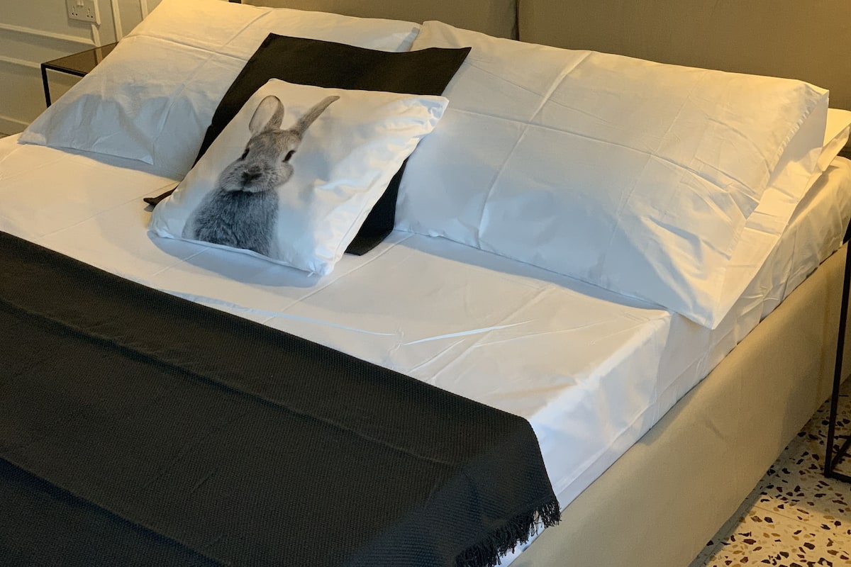 Hypo-allergenic bedding, desk, laptop workspace, blackout curtains