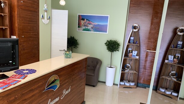 A reception desk with a wooden finish and a logo, a potted plant, a painting on the wall, and a wooden shelf with various items. - Naxos Laguna Beach (Giardini Naxos)