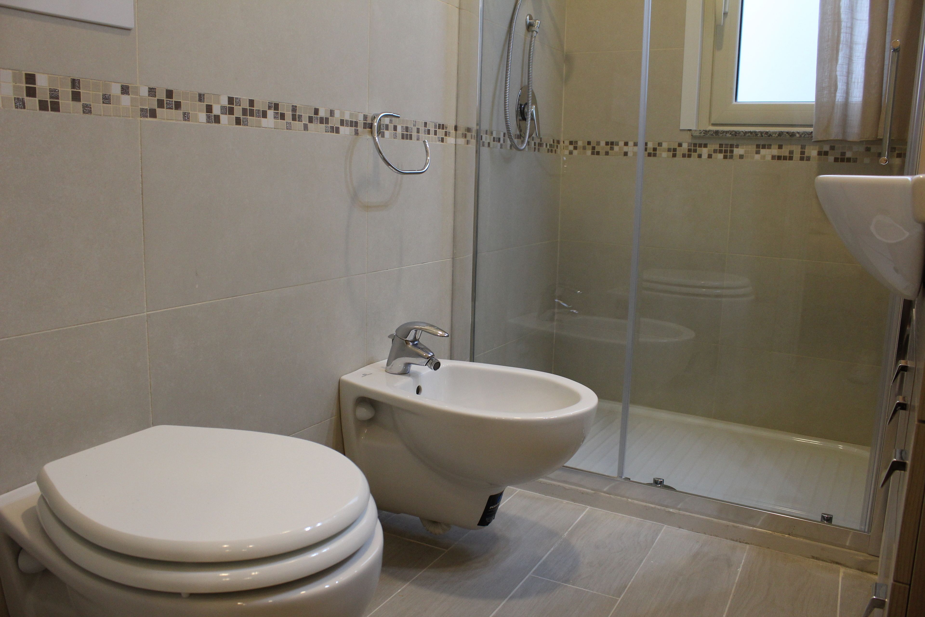 A bathroom with a toilet, bidet, and glass shower enclosure.