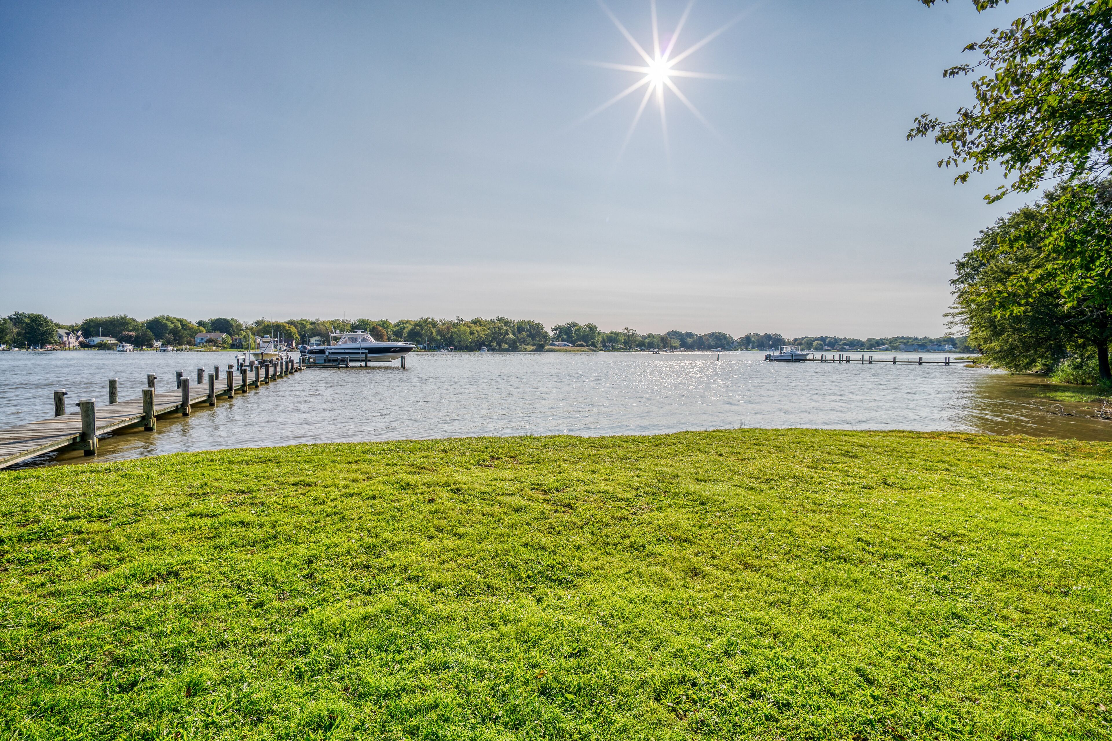 A grassy waterfront area with a dock extending into calm water, surrounded by trees and a clear sky.