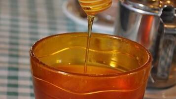 A bowl of honey with a honey dipper on a checkered tablecloth.