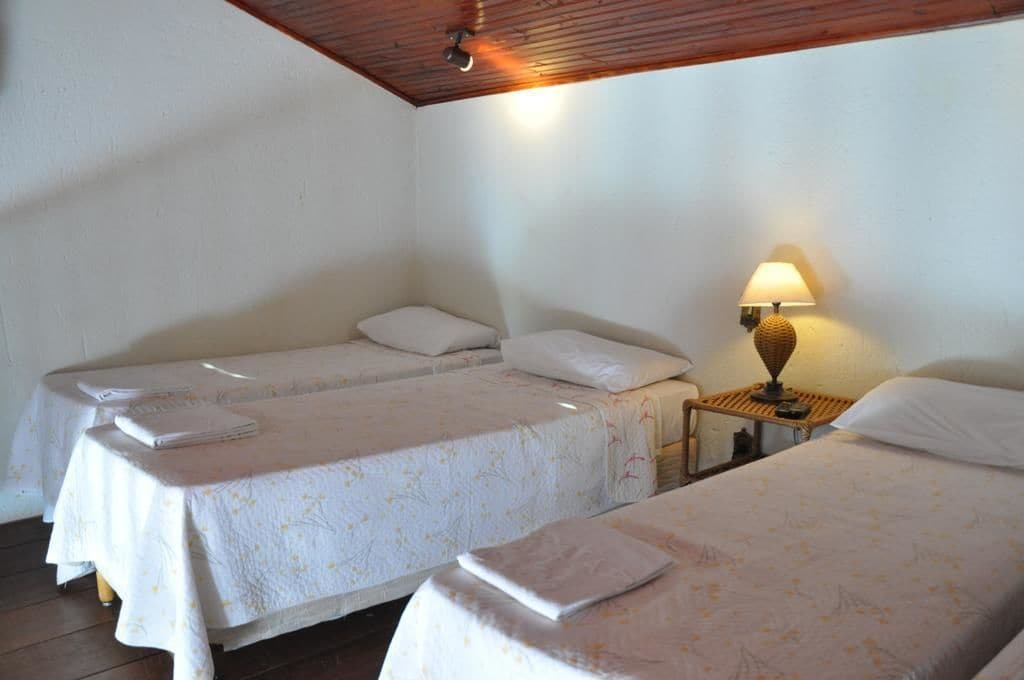 Una habitación con dos camas individuales, cada una con cubrecama y almohadas blancas, una mesita de noche pequeña con lámpara y techo de madera.