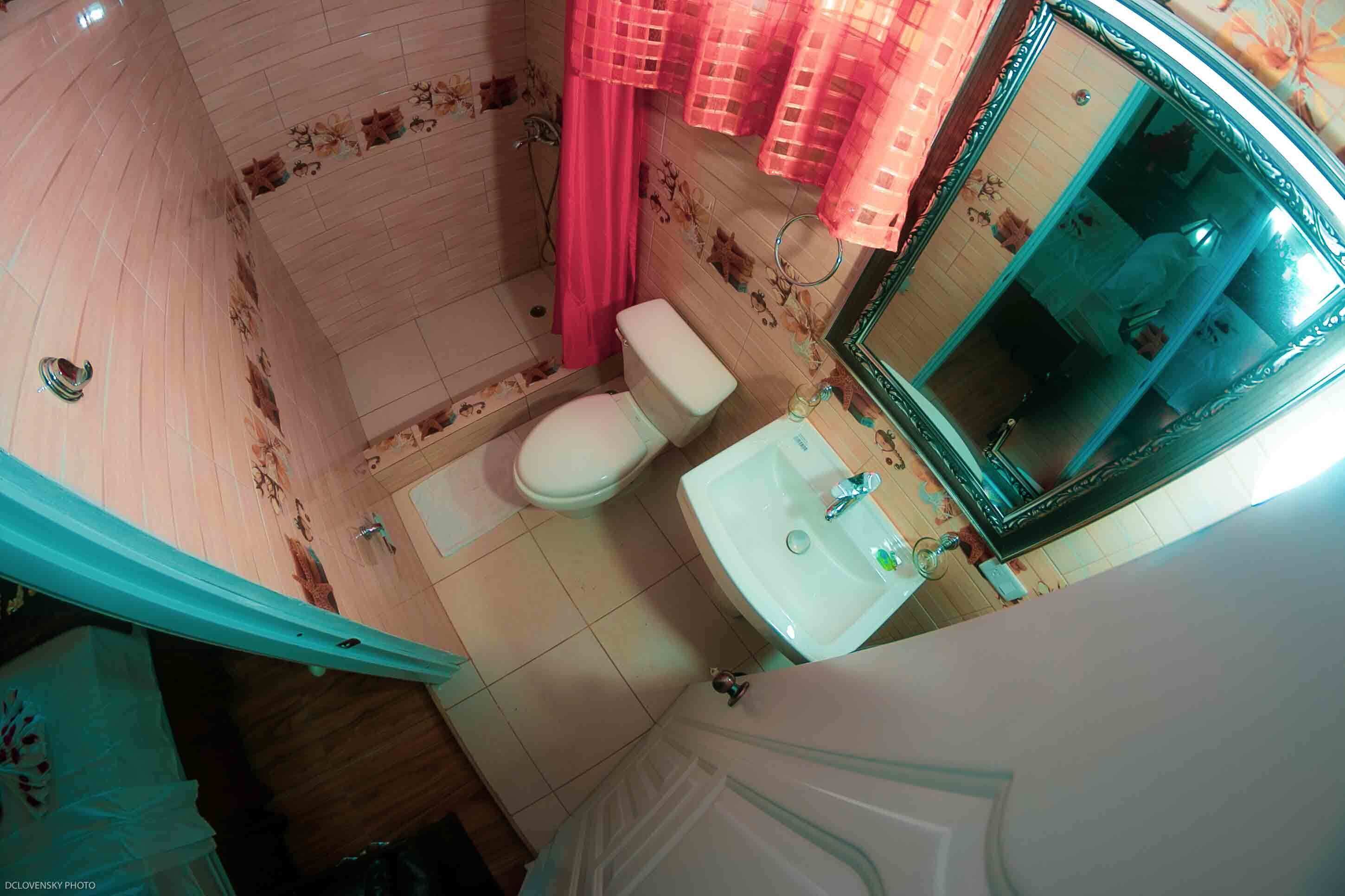 A bathroom with a toilet, sink, shower, and a mirror.