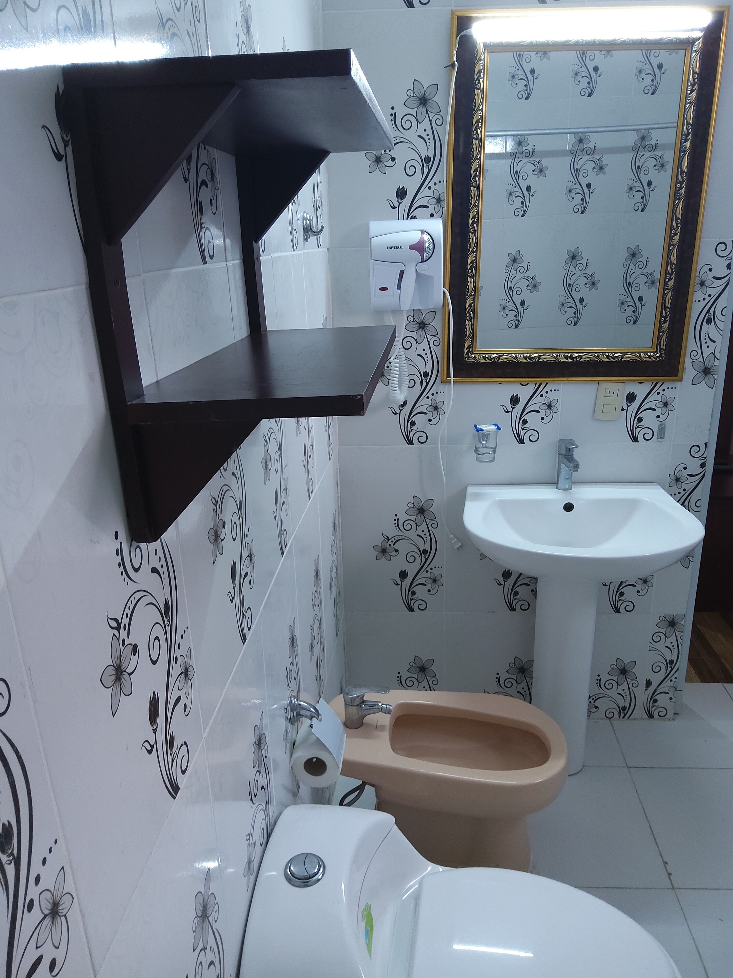 shower, hair dryer, bidet, towels