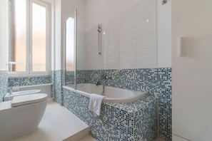Combined shower/bathtub, hair dryer, bidet, towels