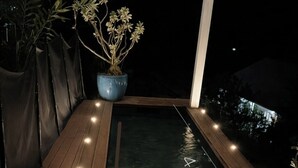 Une terrasse en bois avec un jacuzzi à fond de verre, entourée de plantes en pot et surplombant un ciel nocturne sombre.
