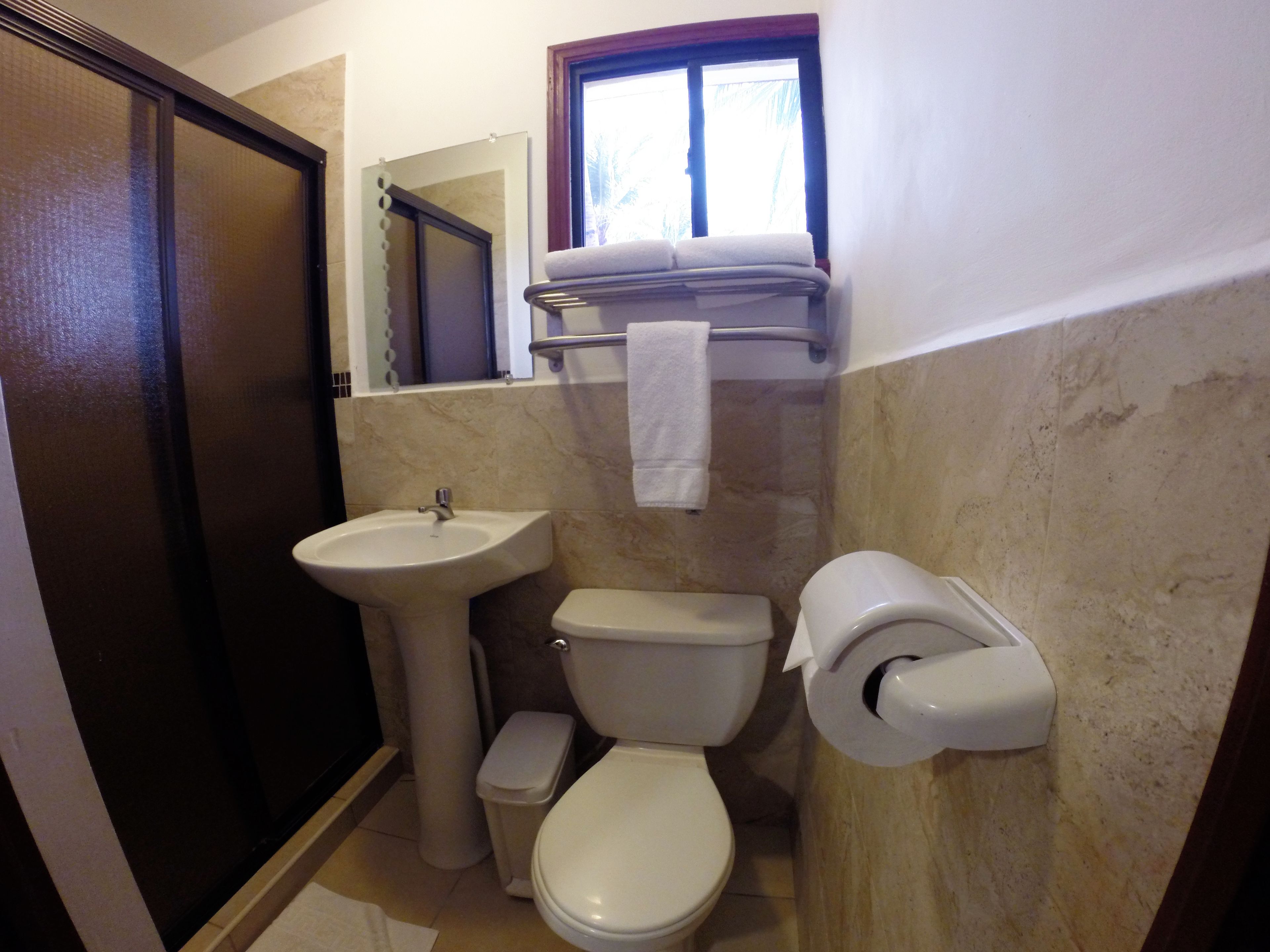 shower, free toiletries, towels, soap