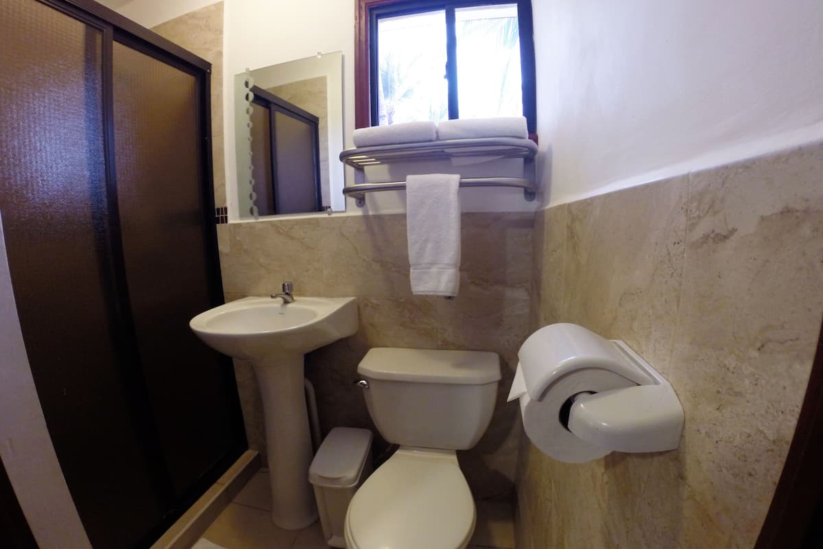 shower, free toiletries, towels, soap