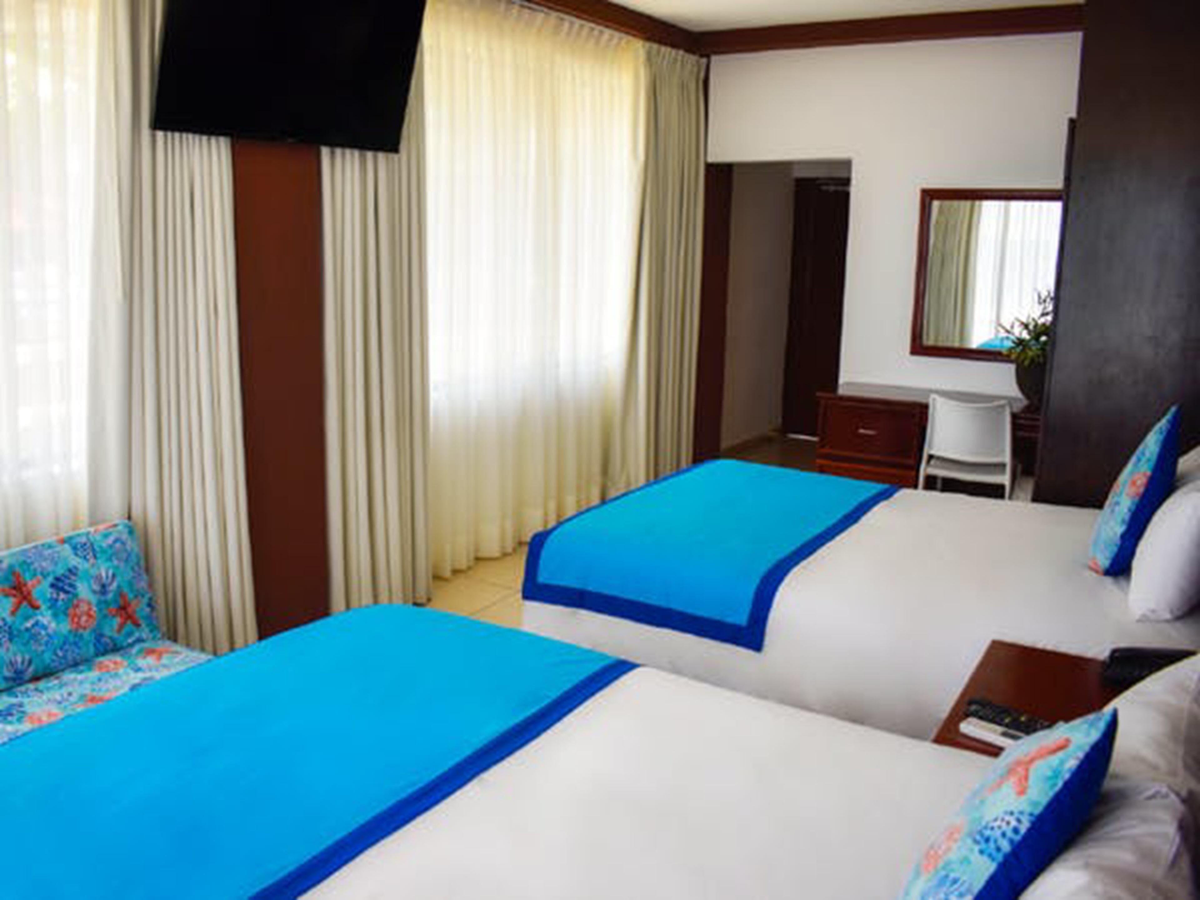 desk, laptop workspace, blackout curtains, free wifi