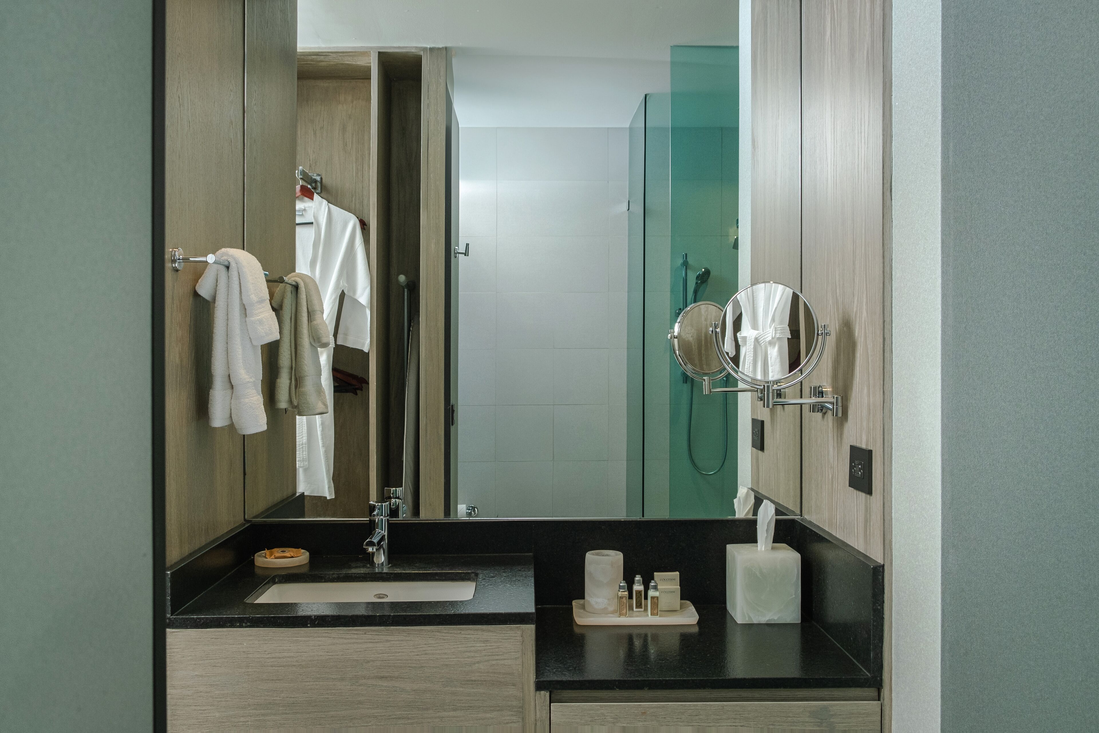 shower, rainfall showerhead, designer toiletries, hair dryer