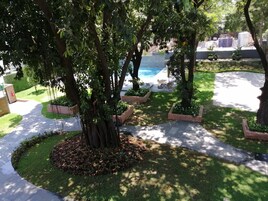 Un área ajardinada con árboles, una piscina y un paseo pavimentado.
