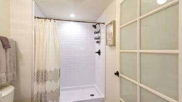 Hair dryer, towels, soap, shampoo